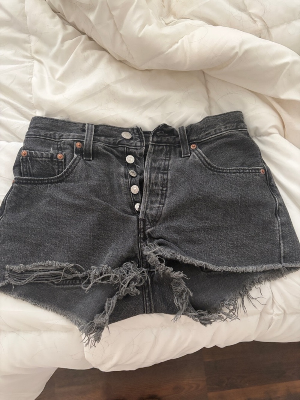 Levi's Washed Black Button-Fly Frayed Denim Shorts